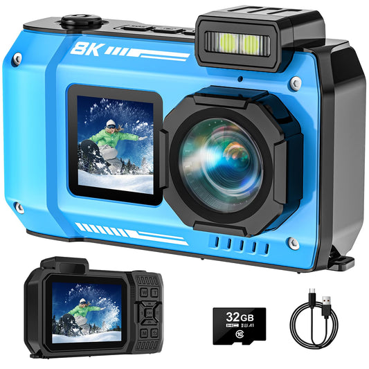 8K UHD Underwater Camera 33FT Autofocus 70MP Rugged Dustproof Shockproof Digital Camera Waterproof Camera Dual-Screen Selfie Underwater Photograph Camera with 32GB Card Blue