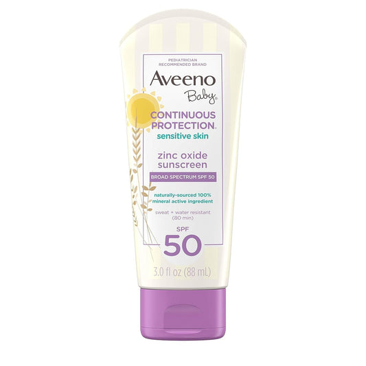 AVEENO Baby Continuous Protection Sensitive Skin Lotion Zinc Oxide Sunscreen SPF 50 3 oz