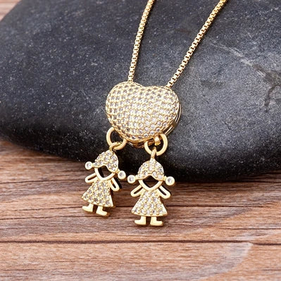 Nidin Hot Sale Son Daughter Heart Gold Plated Cubic Zirconia Family Girl Boy Pendant Necklace Chain Jewelry For Mother Gift