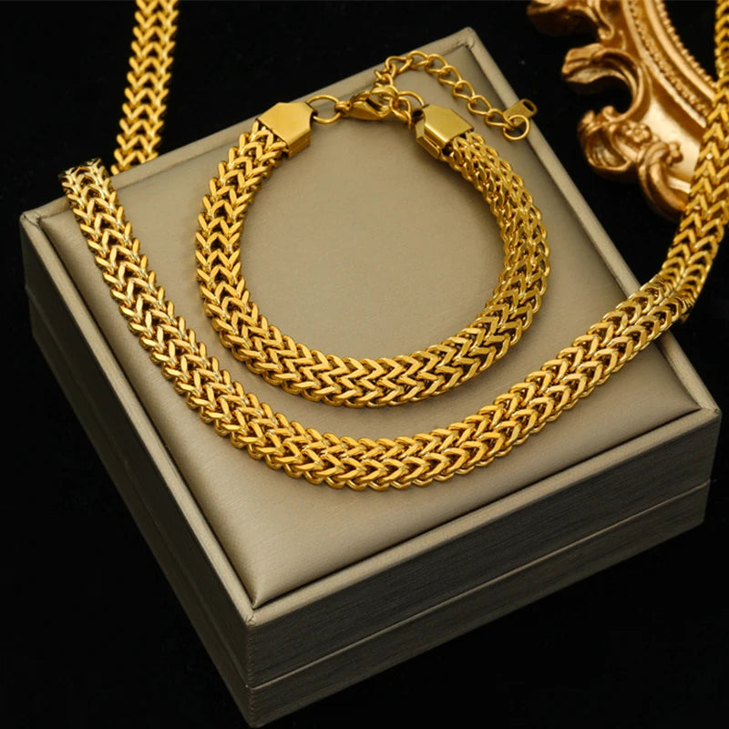 EILIECK 316L Stainless Steel Gold Color Thick Chain Choker Necklace Bracelet for Women Fashion Waterproof Jewelry Set Gift Party