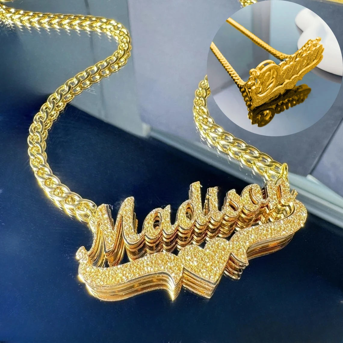 Personalized Double Name Frosted Necklace Custom Bling Name Necklace Gold Stainless Steel Jewelry For Girlfriend Mather Gift