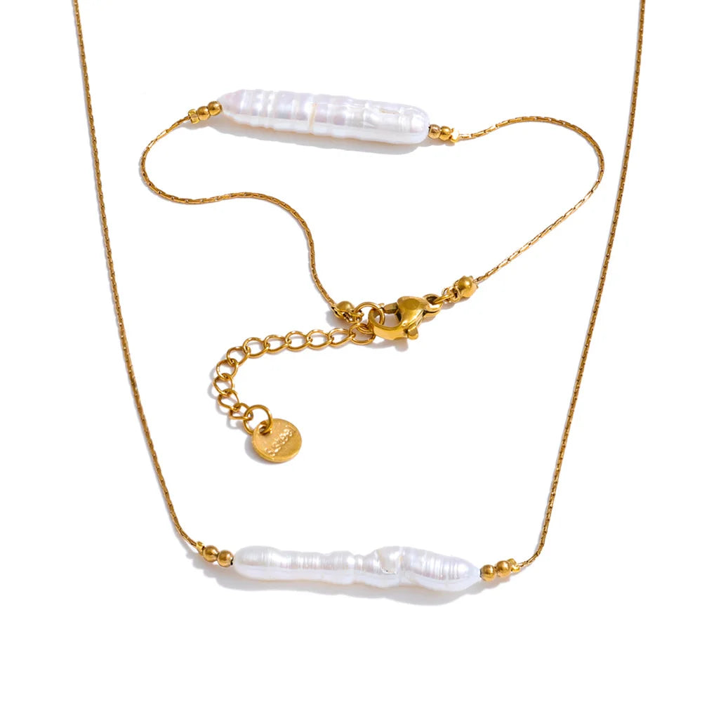 Yhpup Stainless Steel Baroque Natural Freshwater Pearl Chain Pendant Necklace Bracelet Bangle Set Luxury Gift for Mother Jewelry