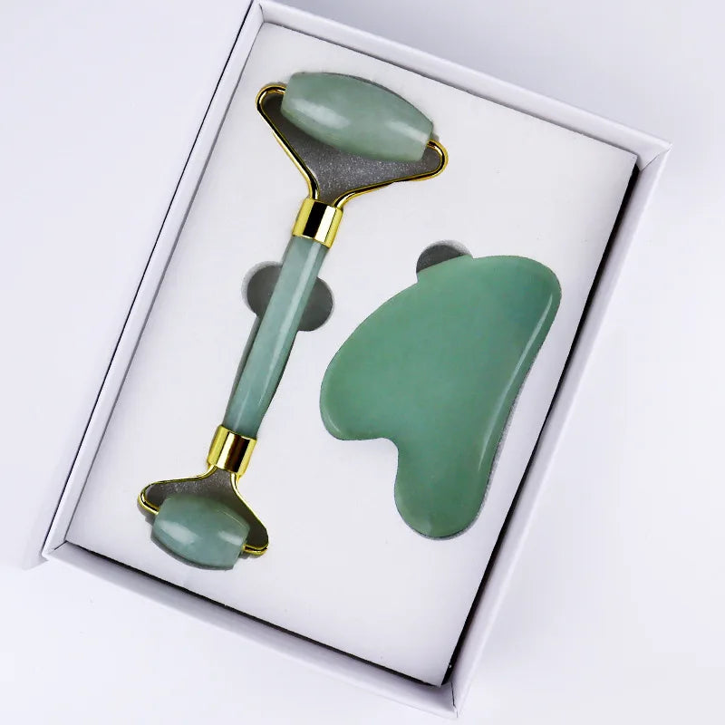 Natural Rose Quartz Jade Roller+Scraping Board Set Facial Massager Jade Stone Roller Gua Sha Face Lifting Massage Tool Skin Care