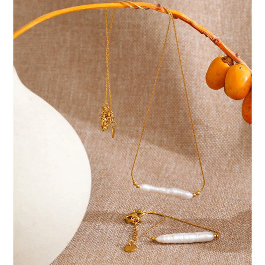Yhpup Stainless Steel Baroque Natural Freshwater Pearl Chain Pendant Necklace Bracelet Bangle Set Luxury Gift for Mother Jewelry