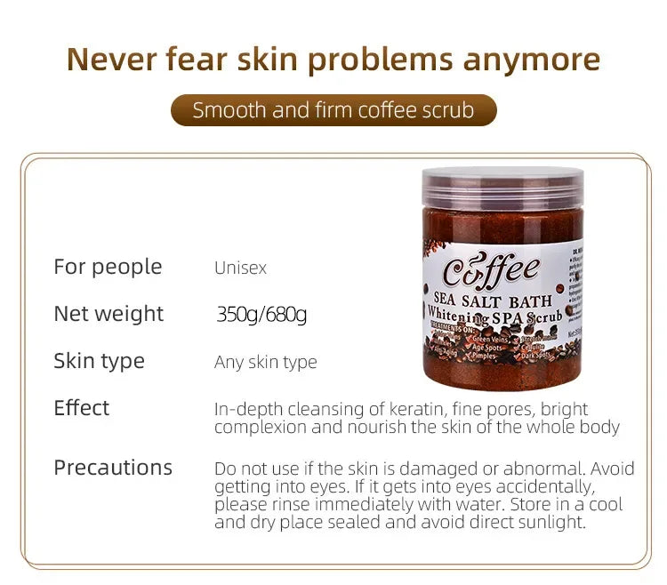 350g/680g Coffee Body Scrub Exfoliating Lightening Skin Pore Cleansing Soften Sea Bath Salt Cream Moisturizing Anti Cellulite