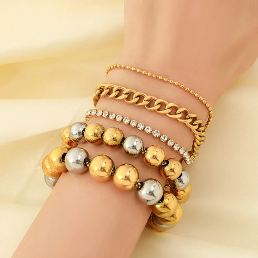 EILIECK 316L Stainless Steel Gold Silver Color Solid Beads Balls Necklace Bracelet For Women Girl Fashion New Year Jewelry Set