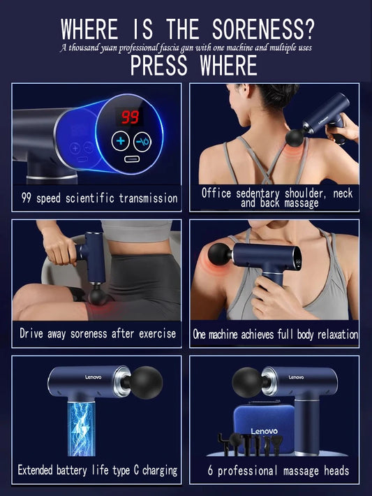 Lenovo 6 Heads Fascia Gun Professional Grade Mini Silent Sports Relaxation Massager 5th Gear Deep Tissue Electric Massage Gun