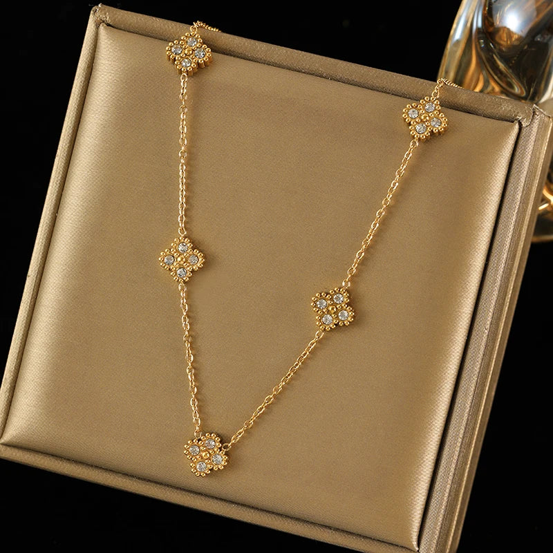EILIECK 316L Stainless Steel Flower Petal Zircon Necklace Earrings Bracelet Set For Women Fashion Waterproof Jewelry Party Gift