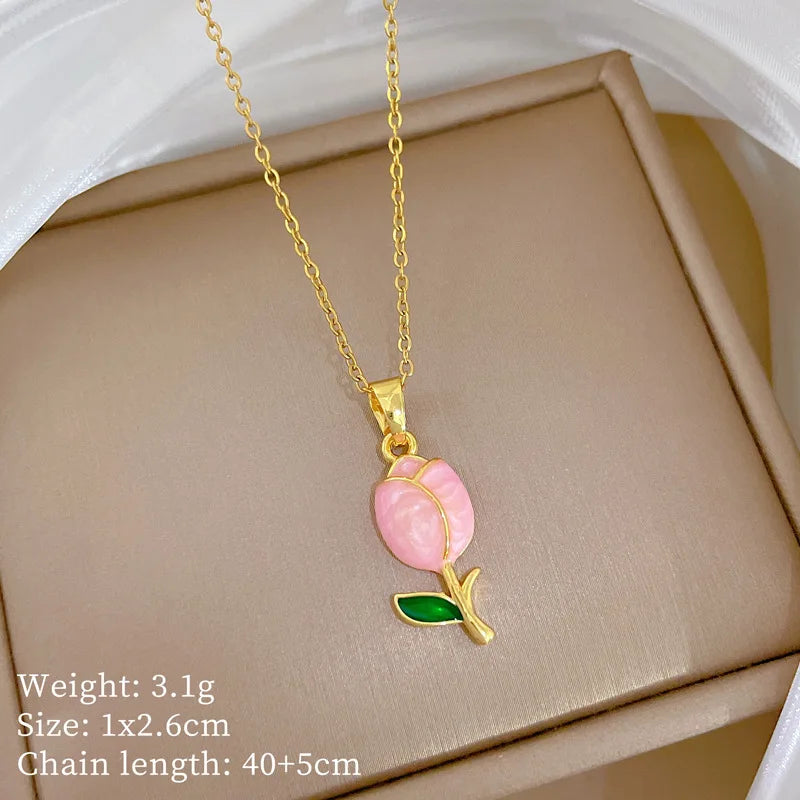DIEYURO 316L Stainless Steel Pink Dripping Oil Tulip Flower Pendant Necklace Earrings Set Lady New Classic Jewelry Glamorous