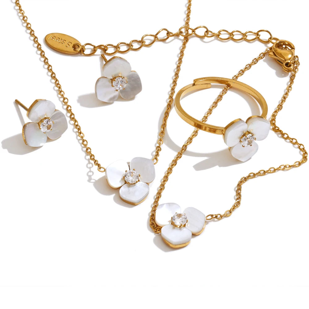 Yhpup Waterproof Exclusive Natural Shell Flower Golden Necklace Earrings Ring Bracelet Set Stainless Steel Sweet Fairy Jewelry