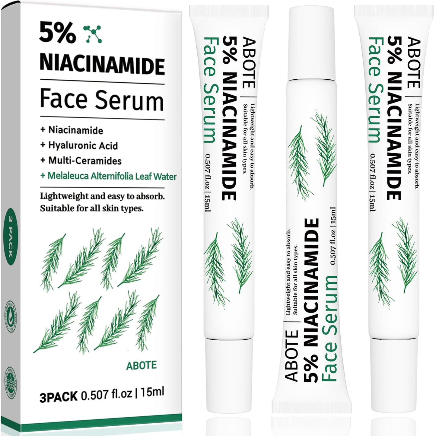 ABOTE 5% Niacinamide Serum with 4% Tea Tree Extracts | 1% Ceramide Complex | Deep Hydration | Regulates Sebum | Soothes Skin (3 Pack 0.507 fl.oz | 15ml)