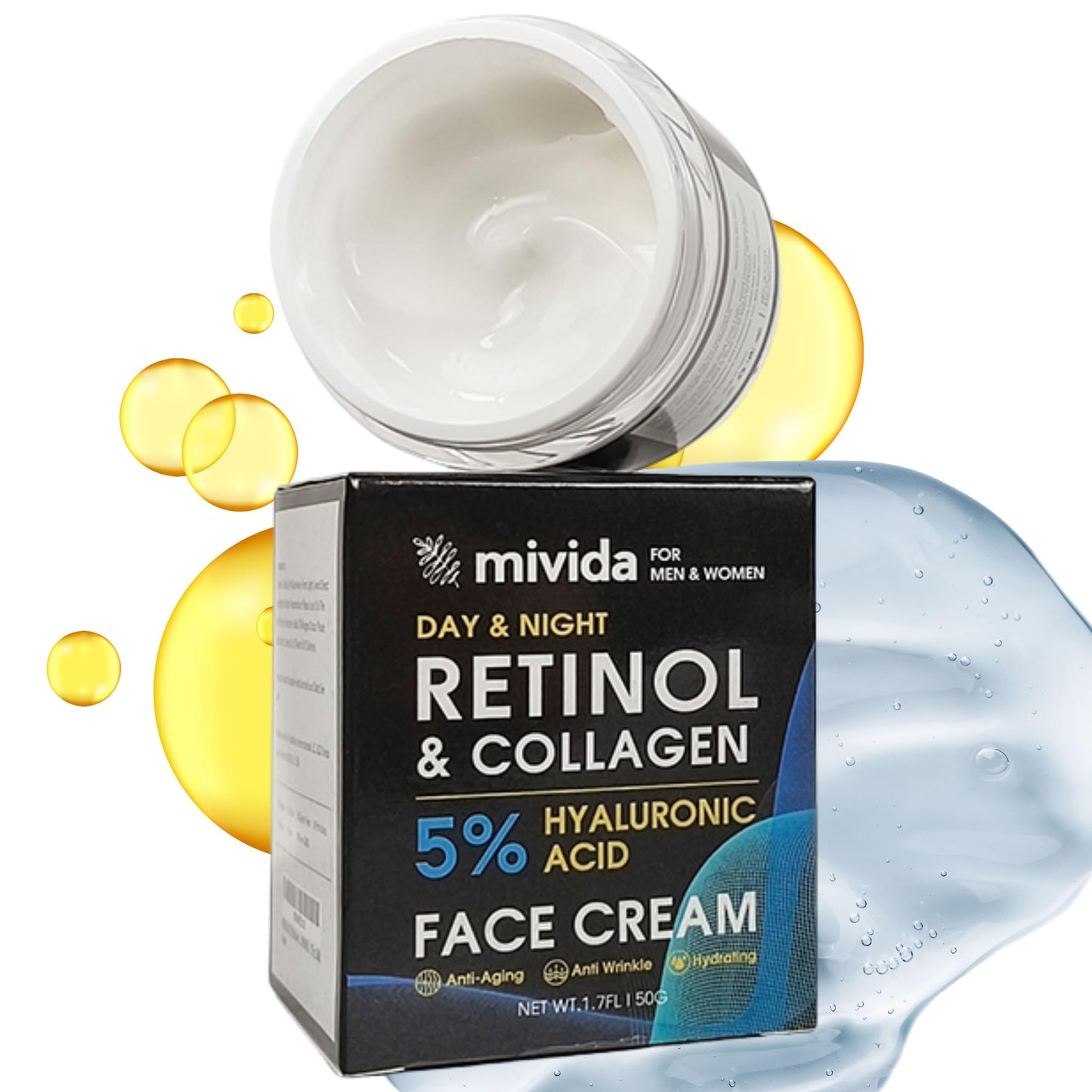 Retinol & Collagen Face Cream with 5% Hyaluronic-Acid | Anti-Aging Day & Night Moisturizer for Women & Men | Reduces Wrinkles Fine Lines Dryness - 1.7 fl oz