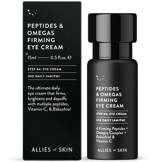 Allies of Skin Peptides & Omegas Firming Eye Cream: Vitamin C Bakuchiol Ceramide. For Dark Circles Wrinkles & Puffiness. Anti-Aging. Firms & Brightens Under Eye Area 0.5 oz / 15 ml