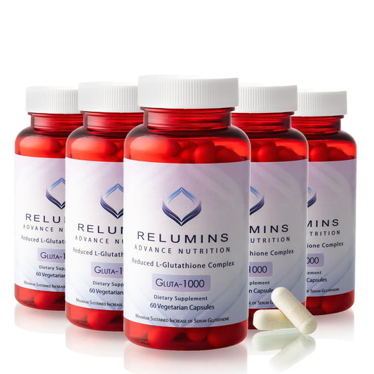 Relumins L Glutathione Supplement Complex - Reduced Glutathione 1000mg Complex with Alpha Lipoic Acid & Rose HIPS Glutathione Capsules for Nourished Smoother & Brighter Skin 60 Caps x 5 Bottles