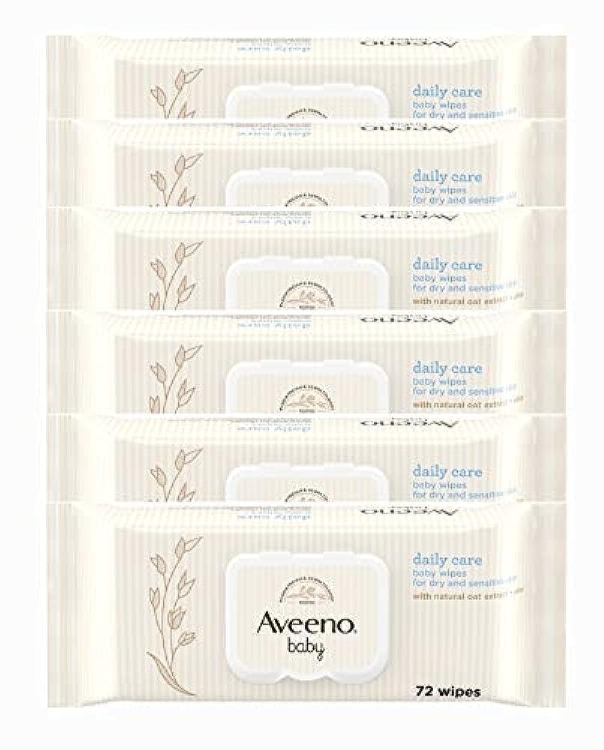 AVEENO Baby Daily Care Wipes - Cleanse Gently and Efficiently - Baby Wipes - Baby Essentials - 72 Wipes Lid On Each Pack Pack of 6 (432 Wipes in Total)