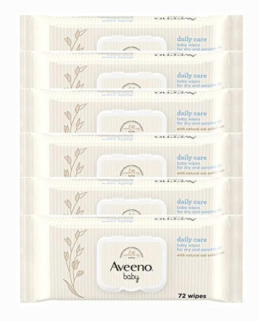 AVEENO Baby Daily Care Wipes - Cleanse Gently and Efficiently - Baby Wipes - Baby Essentials - 72 Wipes Lid On Each Pack Pack of 6 (432 Wipes in Total)