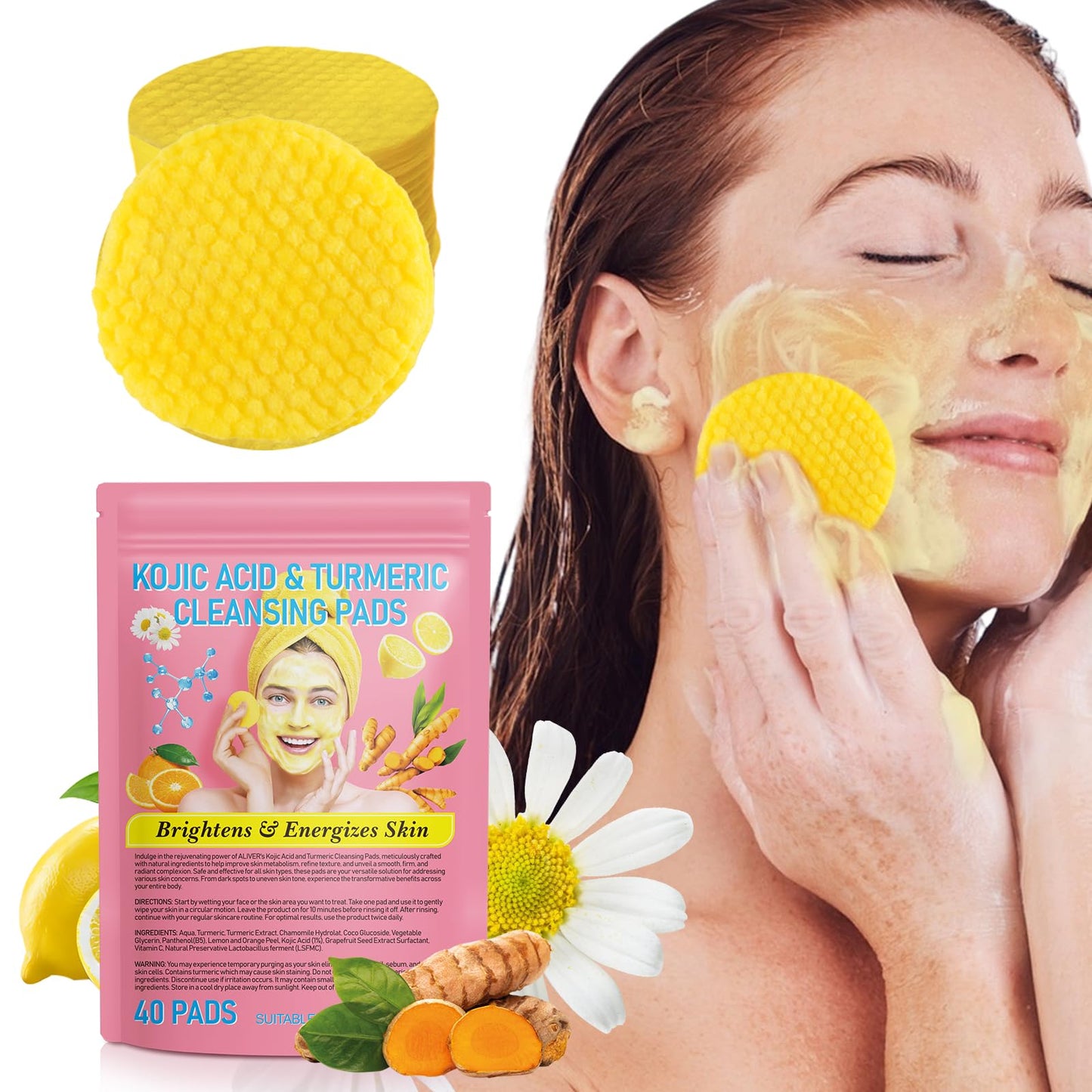 Generic Turmeric Kojic Acid Pads 40 Turmeric Cleansing Pads for Dark Spots Exfoliating Kojic Acid and Turmeric Cleansing Pads Turmeric Pads Infused Foaming Exfoliating Pads Yellow