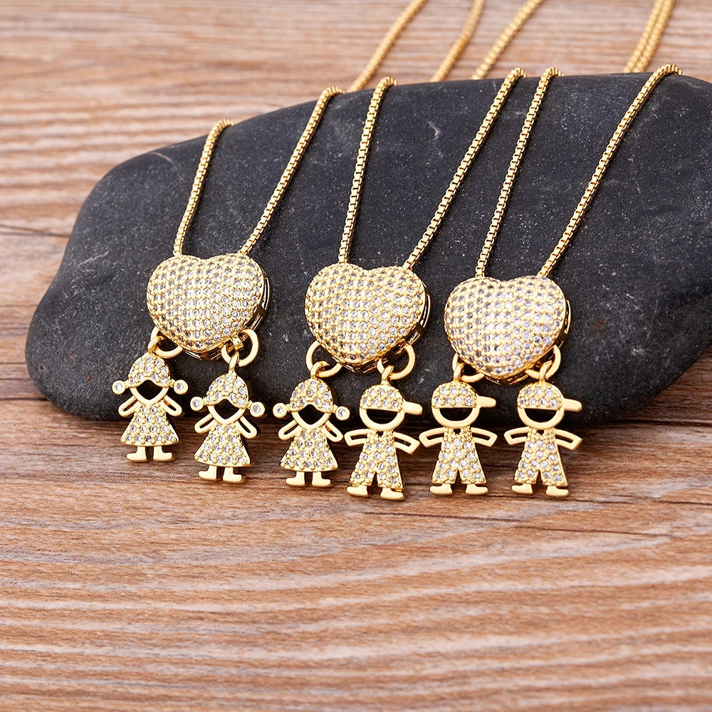 Nidin Hot Sale Son Daughter Heart Gold Plated Cubic Zirconia Family Girl Boy Pendant Necklace Chain Jewelry For Mother Gift