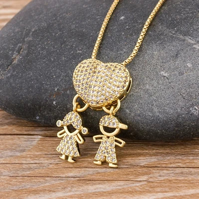 Nidin Hot Sale Son Daughter Heart Gold Plated Cubic Zirconia Family Girl Boy Pendant Necklace Chain Jewelry For Mother Gift