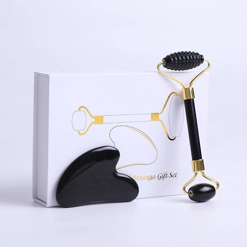Obsidian Jade Face Massage Roller Gouache Scraper Natural Gouache Stone Facial Roller Massager Gua Sha Scraper Face Massage Tool