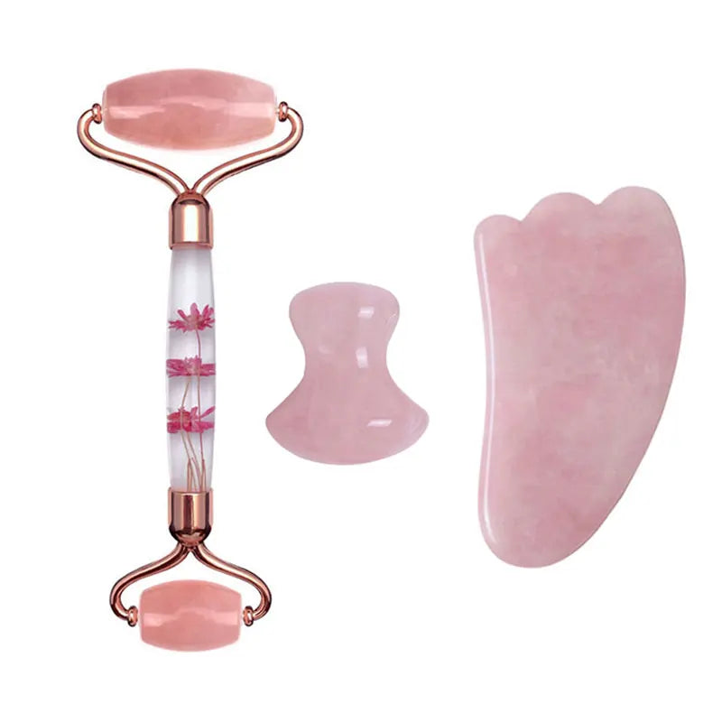 Rose Quartz Eternal Flower Jade Roller Gua Sha Set Gouache Scraper Face Massage Natural Stone Facial Roller Jade Massager