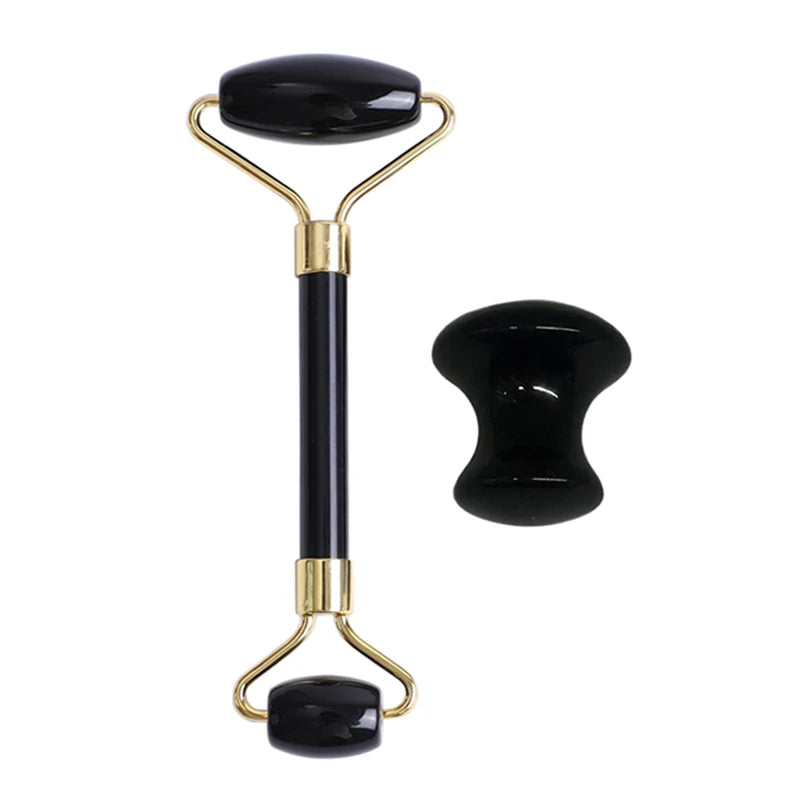 Obsidian Face Massage Roller Gouache Scraper Guasha Massage Tool Gouache Stone Facial Jade Roller Massager Face Scraper Set