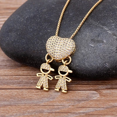 Nidin Hot Sale Son Daughter Heart Gold Plated Cubic Zirconia Family Girl Boy Pendant Necklace Chain Jewelry For Mother Gift