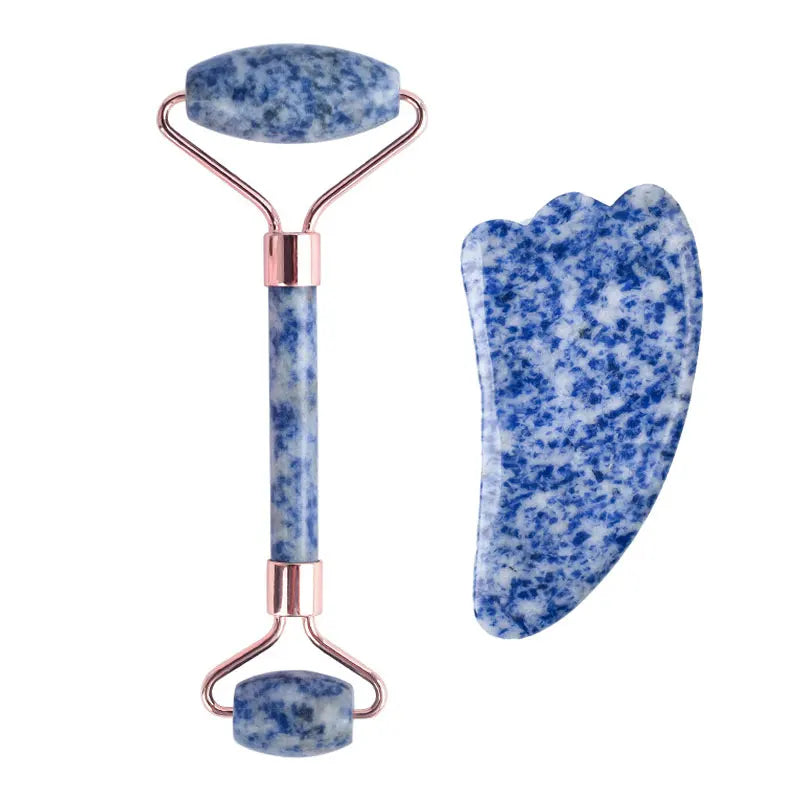 Natural Blue White Dot Jade Roller And Gua Sha Stone Set Facial Gouache Scraper Massager Lifting Anti-Wrinkle Skin Care