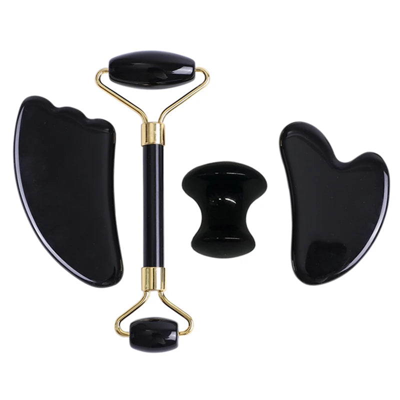 Obsidian Face Massage Roller Gouache Scraper Guasha Massage Tool Gouache Stone Facial Jade Roller Massager Face Scraper Set