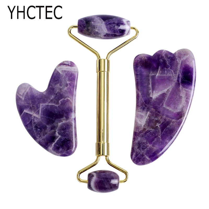 Natural Amethyst Jade Roller Gua Sha Face Massager Scraping Stone Facial Lifting Skin Care Massage Beauty Tools