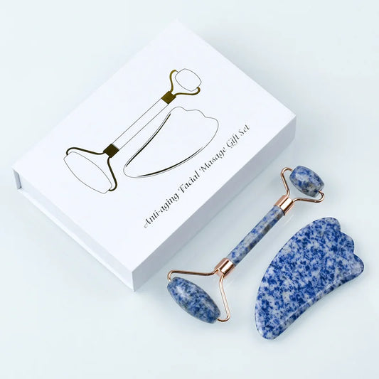 Natural Blue White Dot Jade Roller And Gua Sha Stone Set Facial Gouache Scraper Massager Lifting Anti-Wrinkle Skin Care