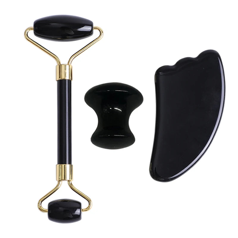 Obsidian Face Massage Roller Gouache Scraper Guasha Massage Tool Gouache Stone Facial Jade Roller Massager Face Scraper Set