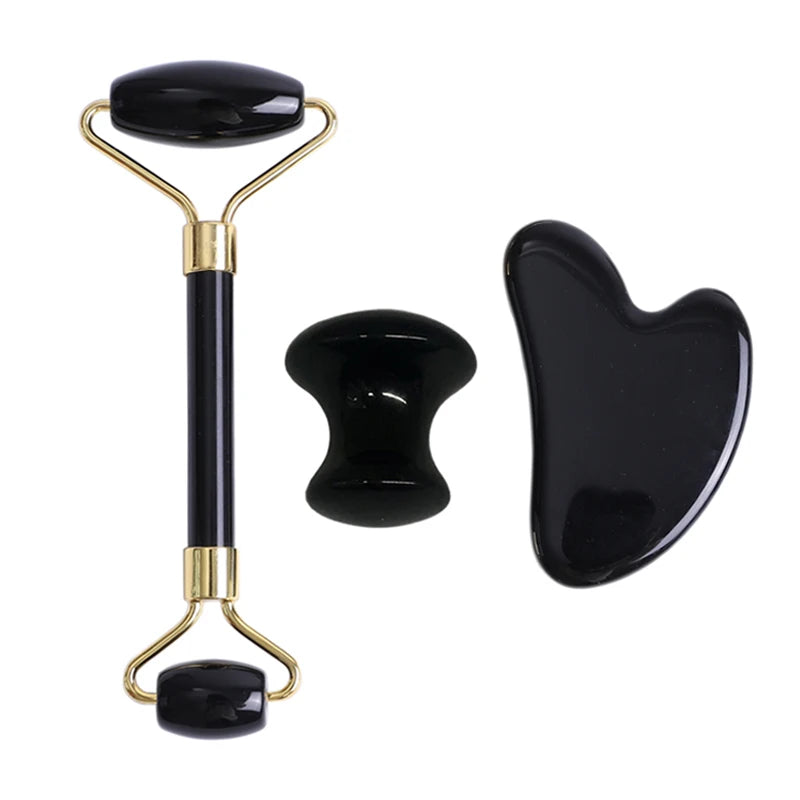 Obsidian Face Massage Roller Gouache Scraper Guasha Massage Tool Gouache Stone Facial Jade Roller Massager Face Scraper Set