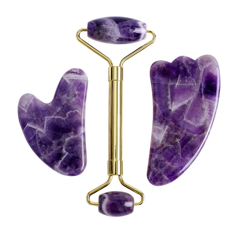 Natural Amethyst Jade Roller Gua Sha Face Massager Scraping Stone Facial Lifting Skin Care Massage Beauty Tools