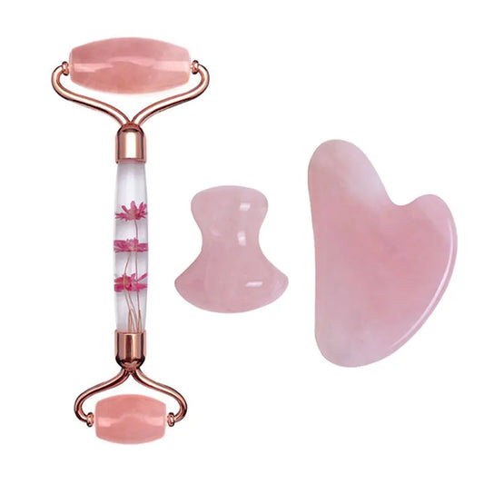 Rose Quartz Eternal Flower Jade Roller Gua Sha Set Gouache Scraper Face Massage Natural Stone Facial Roller Jade Massager