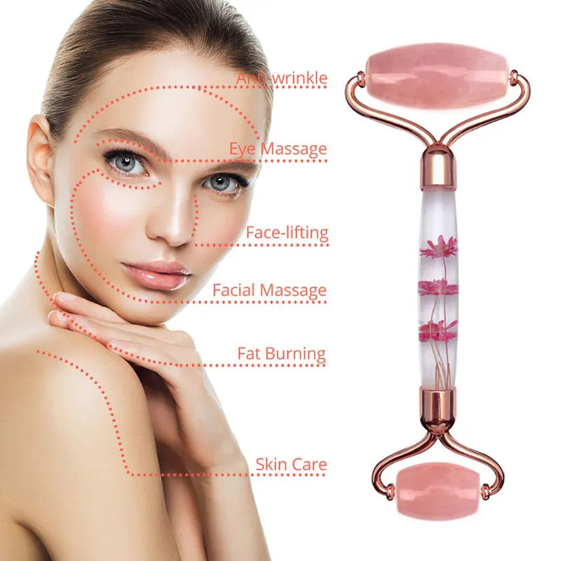 Rose Quartz Eternal Flower Jade Roller Gua Sha Set Gouache Scraper Face Massage Natural Stone Facial Roller Jade Massager