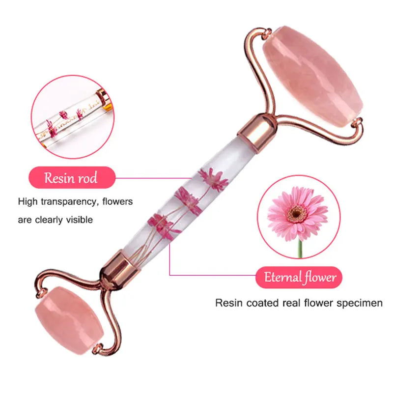 Rose Quartz Eternal Flower Jade Roller Gua Sha Set Gouache Scraper Face Massage Natural Stone Facial Roller Jade Massager