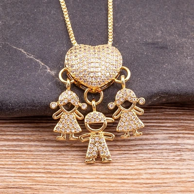 Nidin Hot Sale Son Daughter Heart Gold Plated Cubic Zirconia Family Girl Boy Pendant Necklace Chain Jewelry For Mother Gift