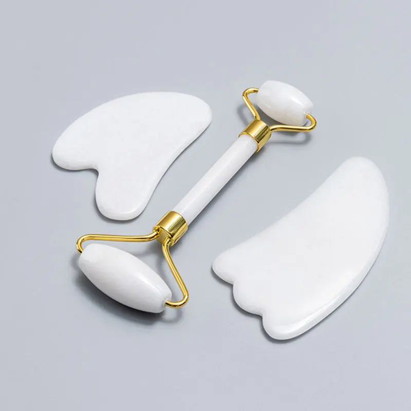Natural White Jade Roller Gua Sha Set Gouache Stone Massager Face Lifting Gouache Scraper Anti-Wrinkle Skin Care Tool