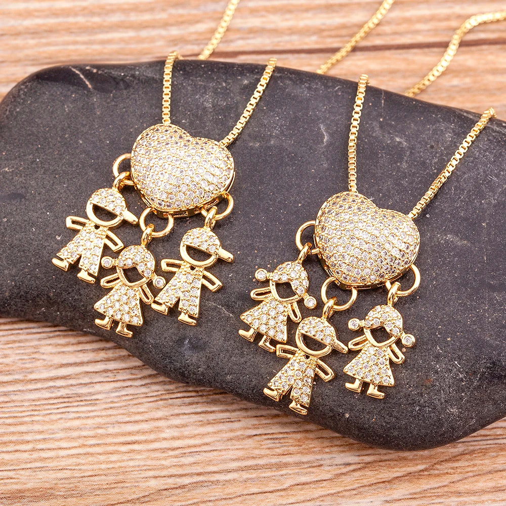 Nidin Hot Sale Son Daughter Heart Gold Plated Cubic Zirconia Family Girl Boy Pendant Necklace Chain Jewelry For Mother Gift