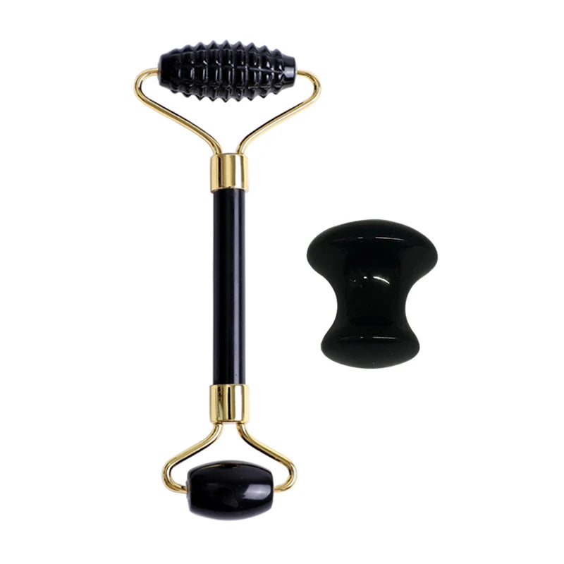 Obsidian Jade Face Massage Roller Gouache Scraper Natural Gouache Stone Facial Roller Massager Gua Sha Scraper Face Massage Tool