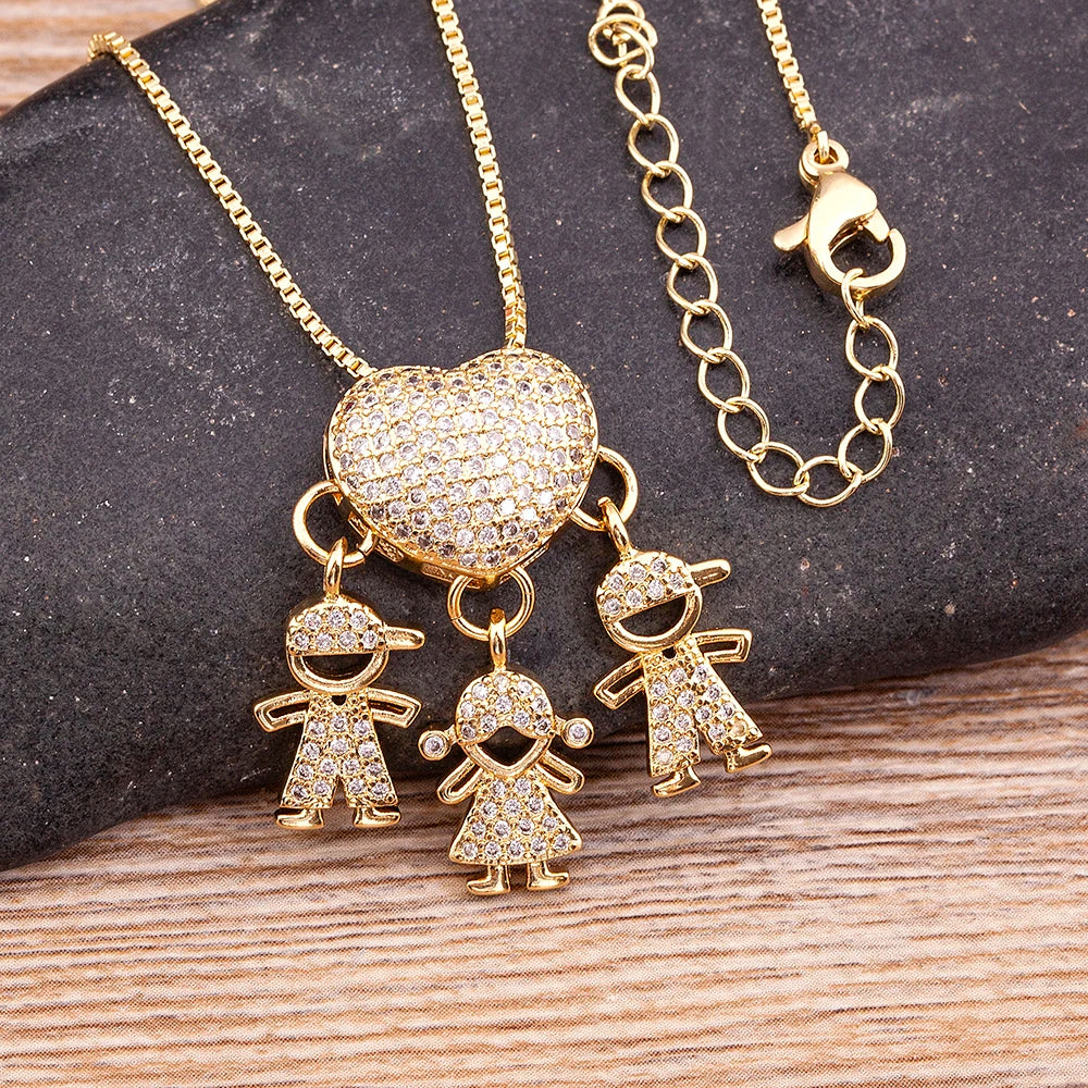Nidin Hot Sale Son Daughter Heart Gold Plated Cubic Zirconia Family Girl Boy Pendant Necklace Chain Jewelry For Mother Gift