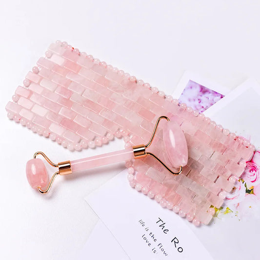 Pink Quartz Eye Mask Massage Face Roller Set Natural Rose Gouache Jade Stone Facial Relax Beauty Massager Ice Therapy Sleeping