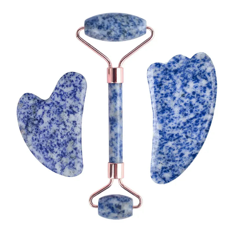 Natural Blue White Dot Jade Roller And Gua Sha Stone Set Facial Gouache Scraper Massager Lifting Anti-Wrinkle Skin Care