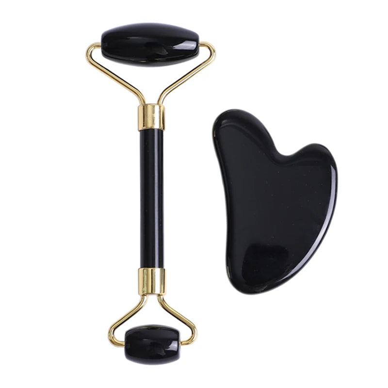 Obsidian Face Massage Roller Gouache Scraper Guasha Massage Tool Gouache Stone Facial Jade Roller Massager Face Scraper Set