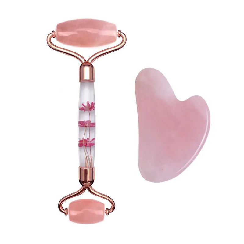 Rose Quartz Eternal Flower Jade Roller Gua Sha Set Gouache Scraper Face Massage Natural Stone Facial Roller Jade Massager