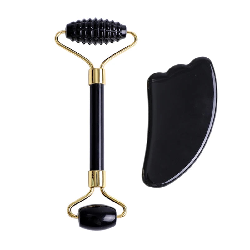 Obsidian Jade Face Massage Roller Gouache Scraper Natural Gouache Stone Facial Roller Massager Gua Sha Scraper Face Massage Tool