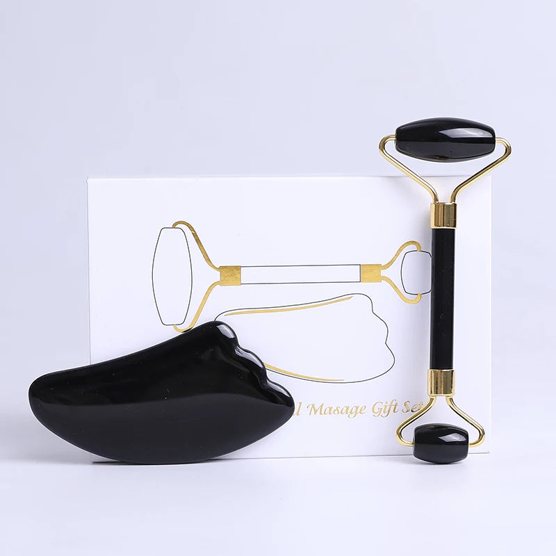 Obsidian Face Massage Roller Gouache Scraper Guasha Massage Tool Gouache Stone Facial Jade Roller Massager Face Scraper Set