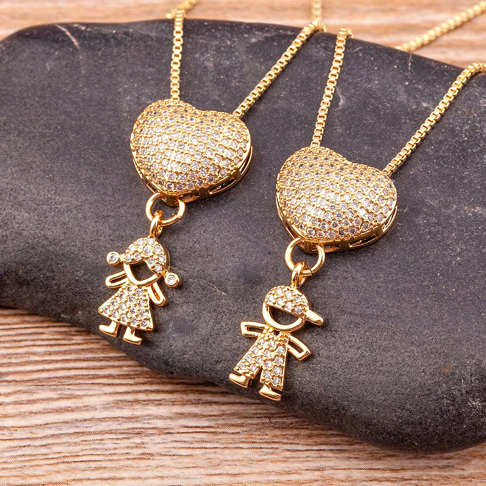 Nidin Hot Sale Son Daughter Heart Gold Plated Cubic Zirconia Family Girl Boy Pendant Necklace Chain Jewelry For Mother Gift