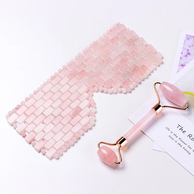 Pink Quartz Eye Mask Massage Face Roller Set Natural Rose Gouache Jade Stone Facial Relax Beauty Massager Ice Therapy Sleeping